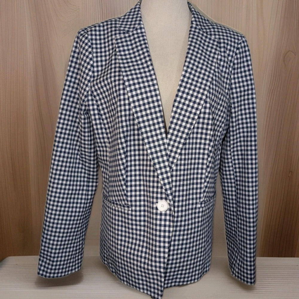 TALBOTS Blazer Womens 14 Classic Jacket Linen Blend Gingham Office Preppy Navy
